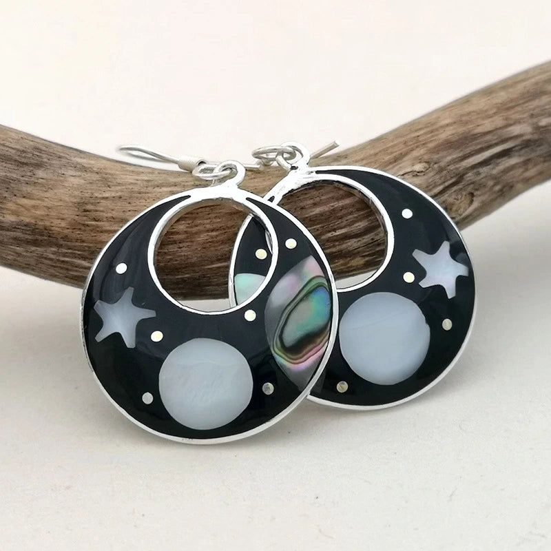 Hollow Round Enamel Star Moon Earrings