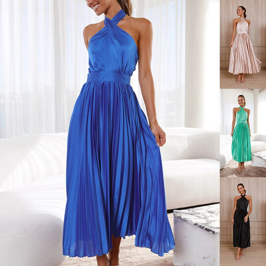 Press-Fold Sleeveless Hanging Neck V-Neck Swing Dress