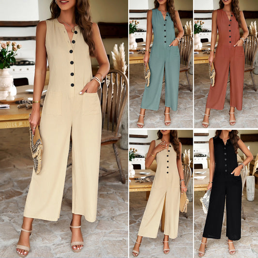 Elegant Solid Colour Buttoned Jumpsuit