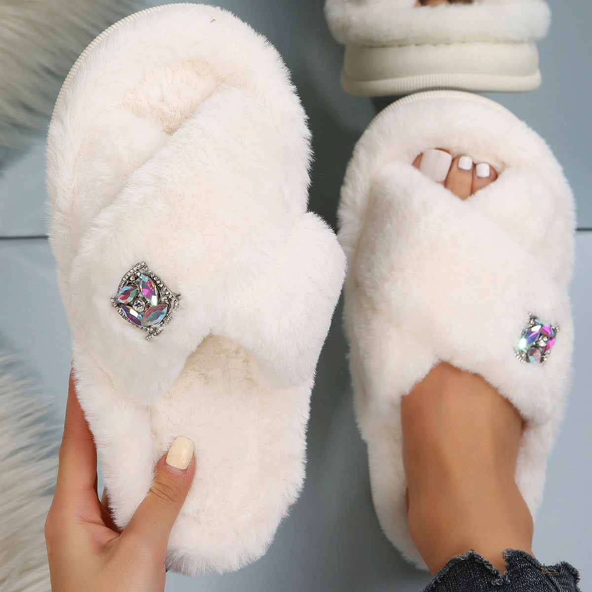Diamond Buckle Crossover Plush Slippers