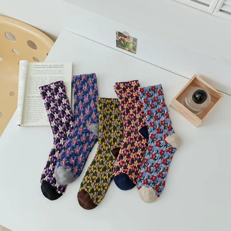 5 Pairs Autumn Winter Women's Small Flower Stockings