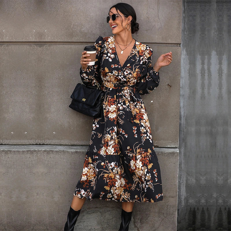 V Neck Long Sleeved Printed Floral Dress