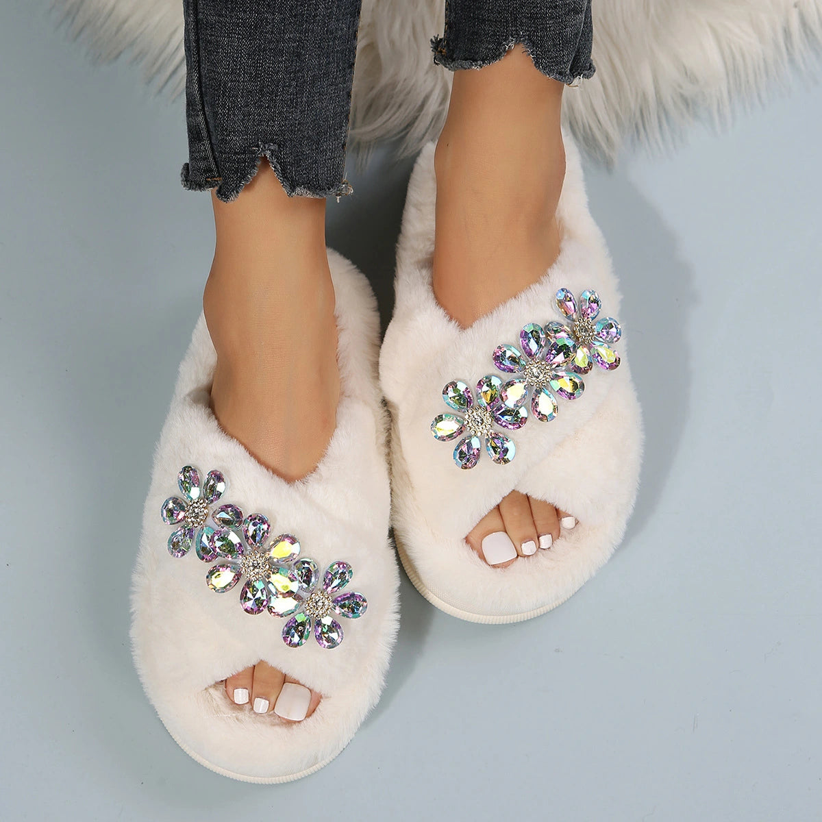 Diamond Buckle Crossover Plush Slippers