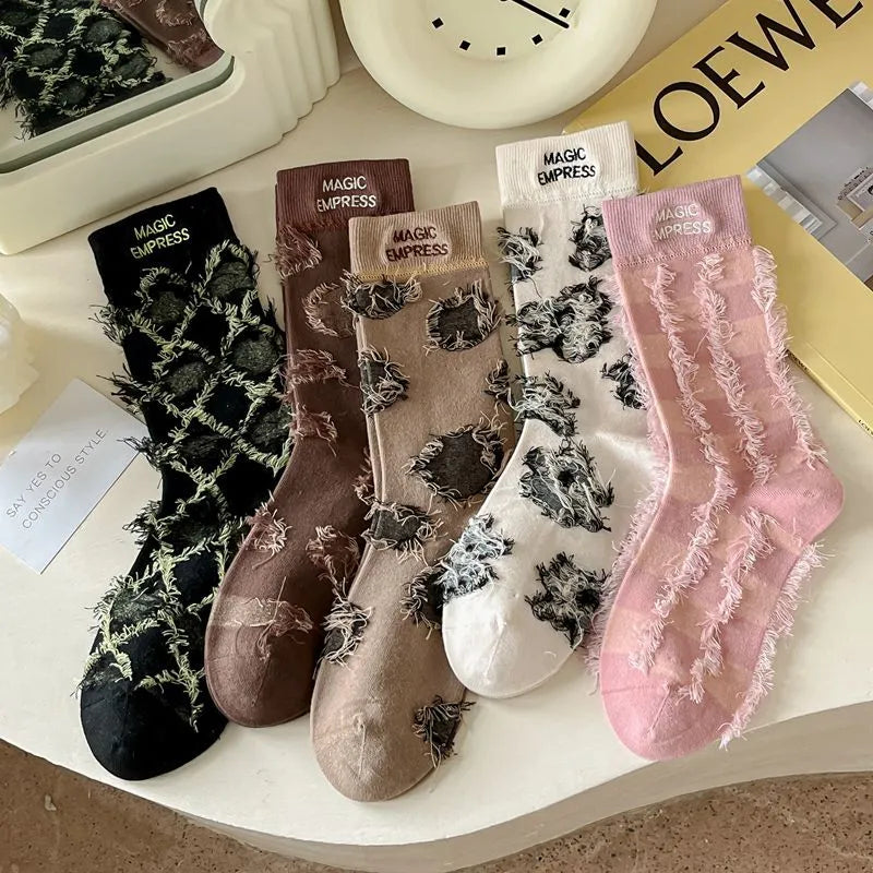 5 Pairs Embroidered Tassel Socks