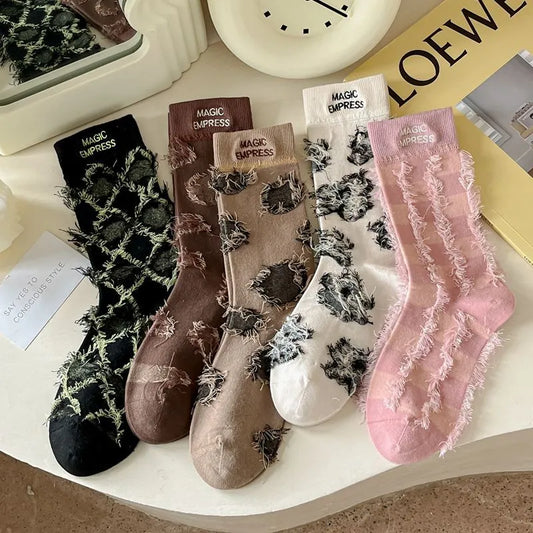 5 Pairs Embroidered Tassel Socks
