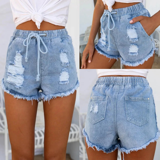 Casual Ripped Elastic Waist Denim Shorts