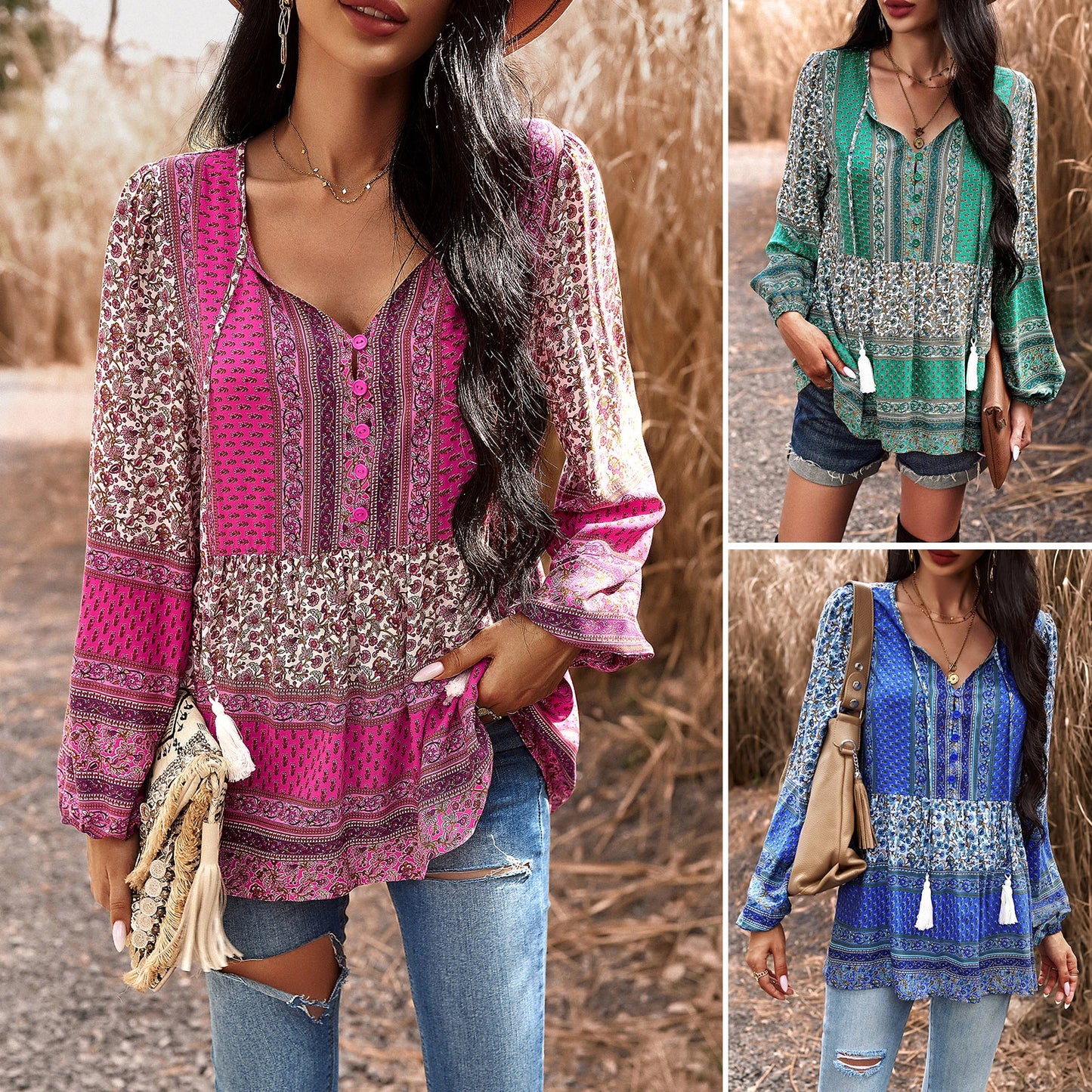 Casual Printed V-neck Long Sleeved Top