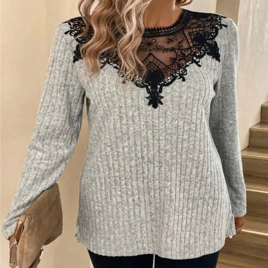 Striped Sheer Lace Round Neck Long Sleeve Top