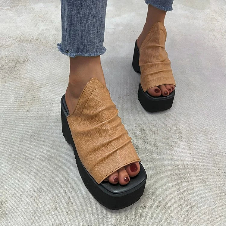 Ruched Square Toe Platform Slippers