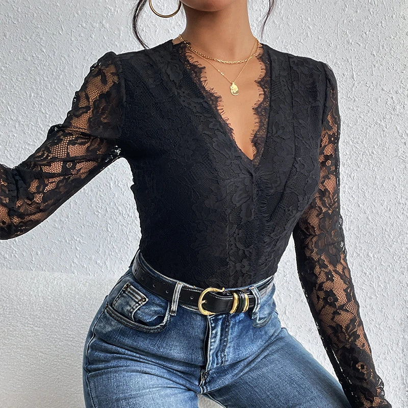 Lace Paneled Long Sleeved Jumpsuit