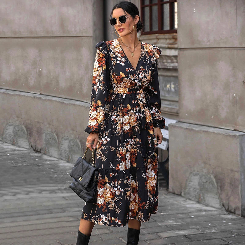 V Neck Long Sleeved Printed Floral Dress
