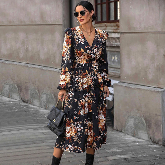 V Neck Long Sleeved Printed Floral Dress