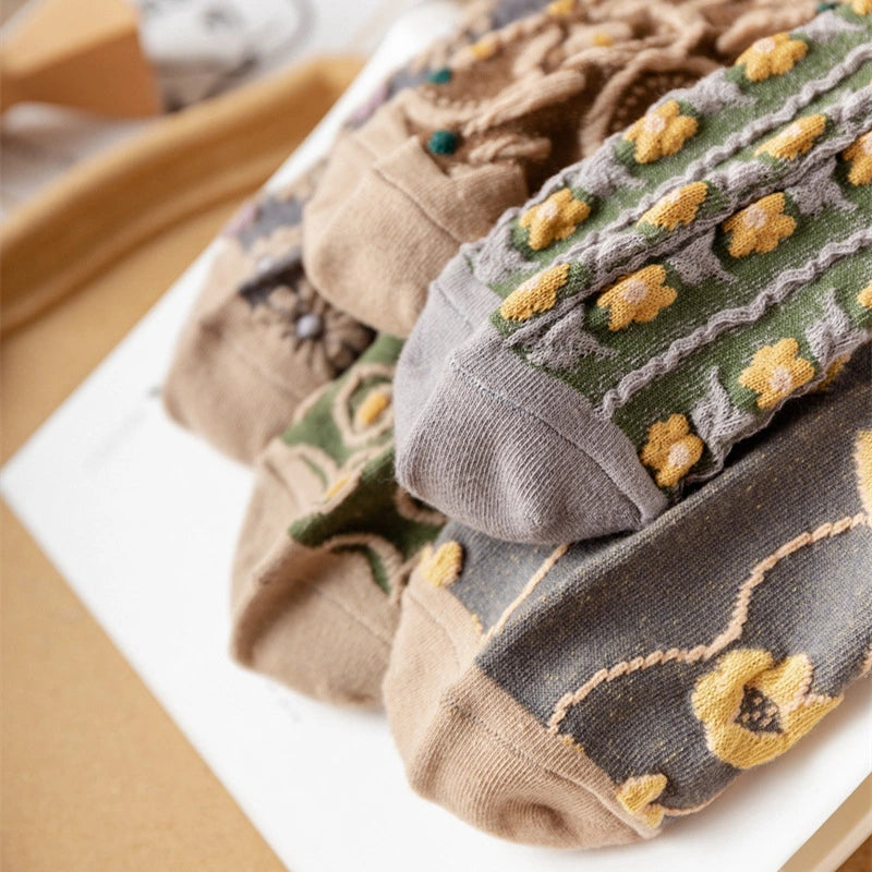 5 Pairs Vintage Embossed Women's Short Socks