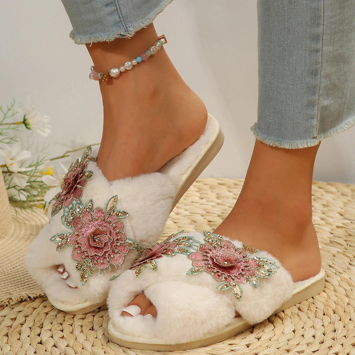 Flower Embroidery Fuzzy Slippers