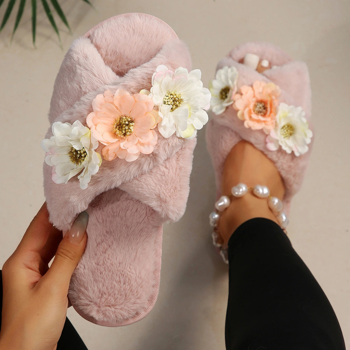 Flower Embroidery Fuzzy Slippers