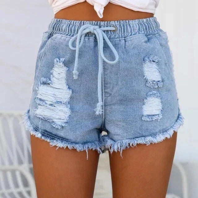 Casual Ripped Elastic Waist Denim Shorts