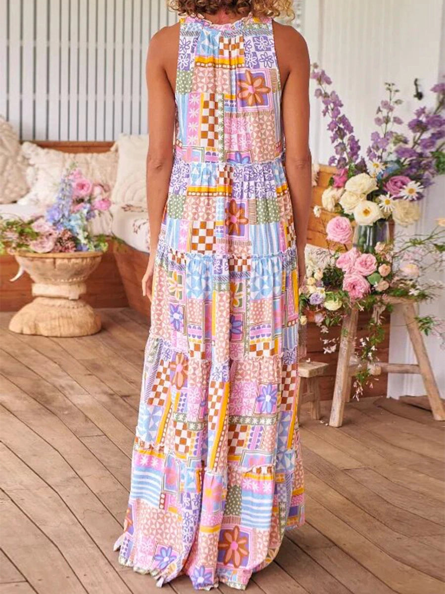 Floral Printed Short Sleeve Round Neck Long Dress