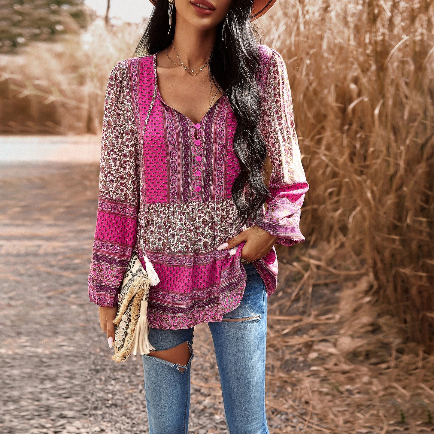 Casual Printed V-neck Long Sleeved Top