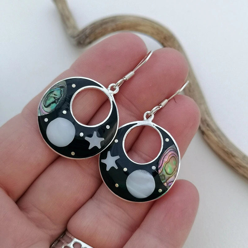 Hollow Round Enamel Star Moon Earrings