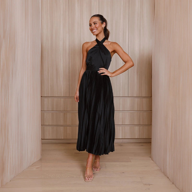 Press-Fold Sleeveless Hanging Neck V-Neck Swing Dress