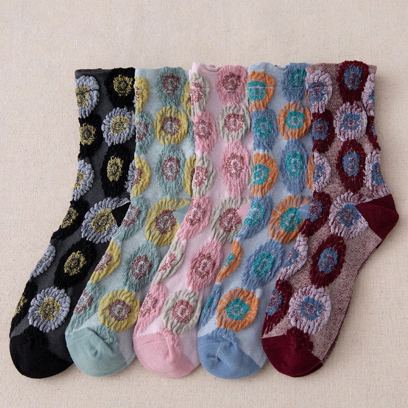 5 Pairs Colorful Embossed Flower Abstract Socks