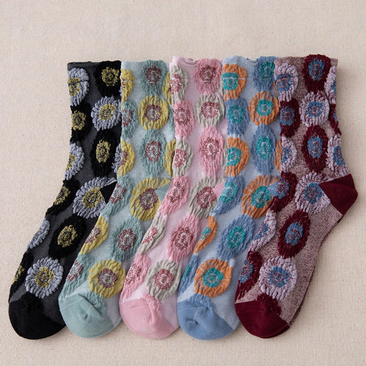 5 Pairs Colorful Embossed Flower Abstract Socks