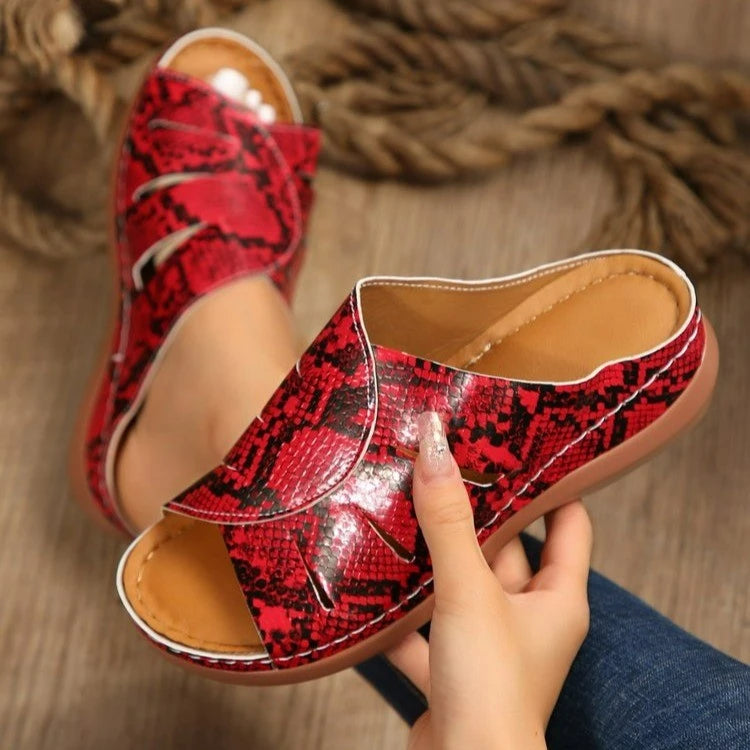 Hollow Snake Print Wedge Fish Mouth Slippers