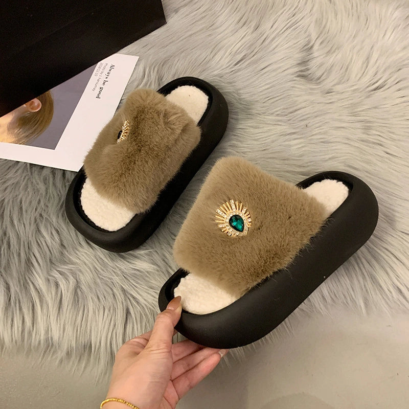 Rhinestone Thick Bottom Cotton Slippers