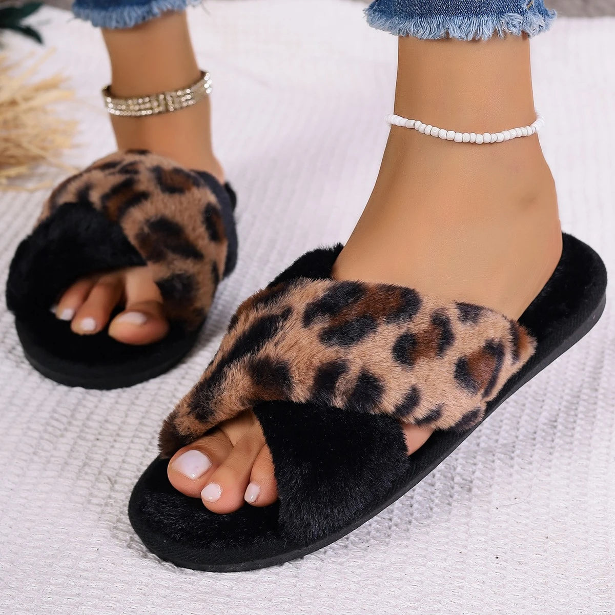 Leopard Print Cross Strap Plush Slippers
