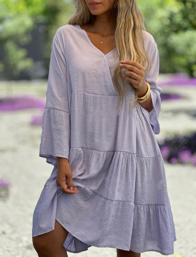 Sweet V-neck Large Swing Cotton Linen Dress