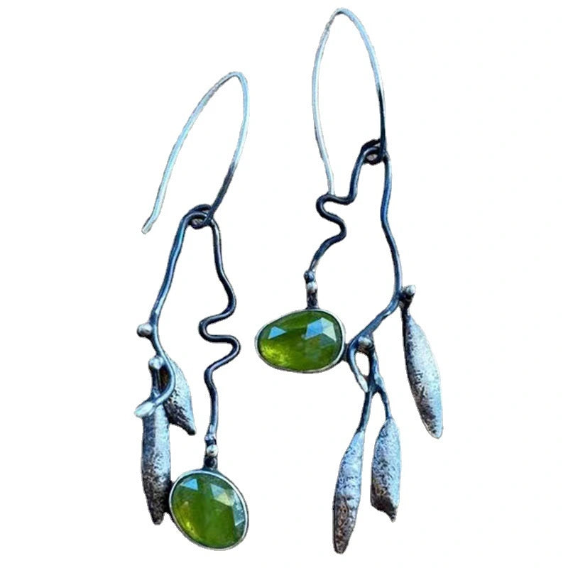 Vintage Leaf Metal Green Crystal Drop Earrings
