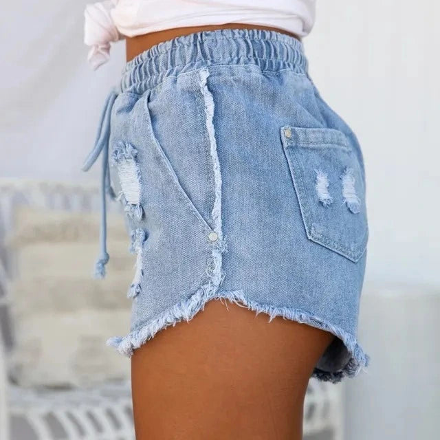 Casual Ripped Elastic Waist Denim Shorts