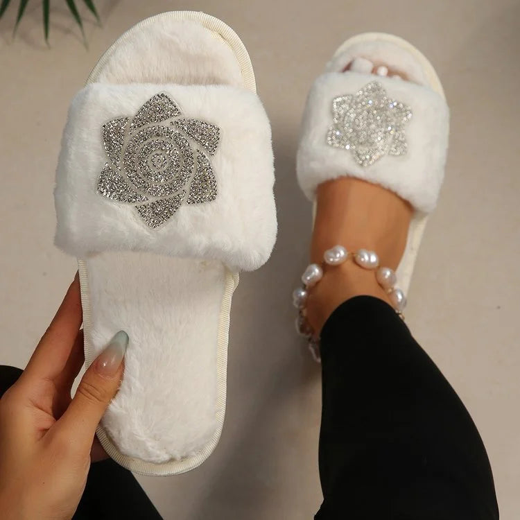 Pearl Hot Drill Fur Slippers