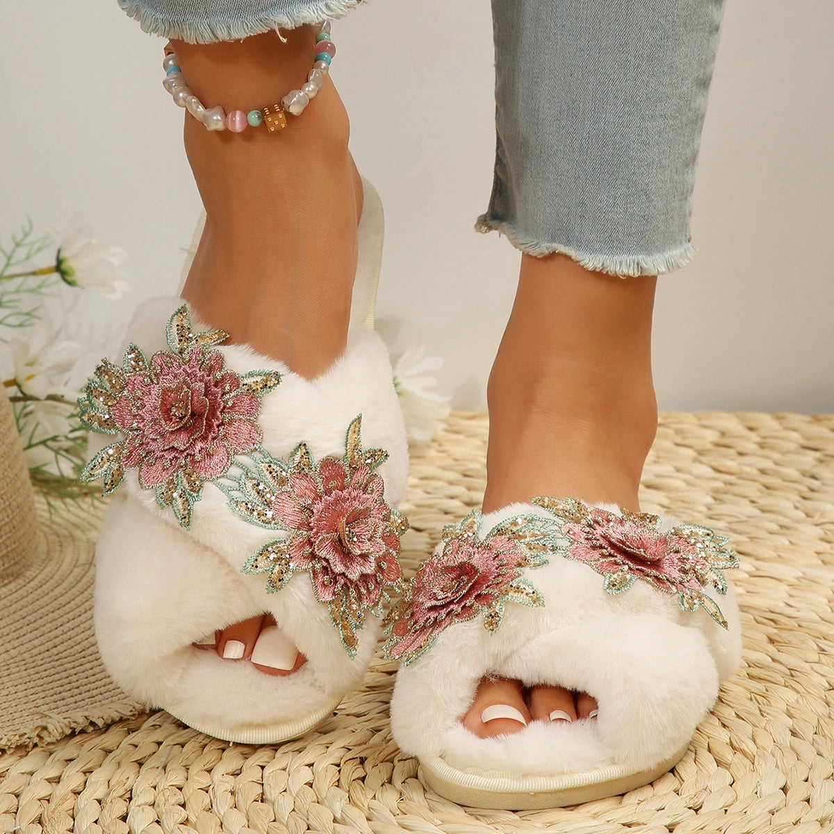 Flower Embroidery Fuzzy Slippers