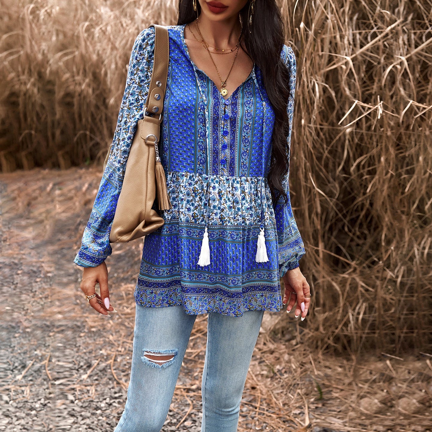 Casual Printed V-neck Long Sleeved Top