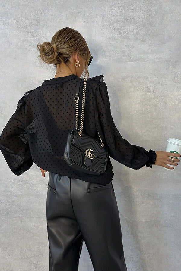 Ruffle Trim Lantern Sleeve Blouse