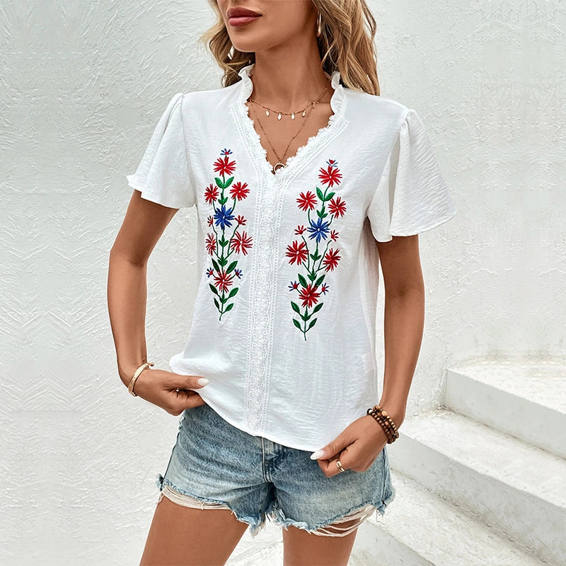 Embroidered V Neck Top