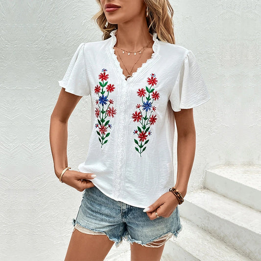 Embroidered V Neck Top