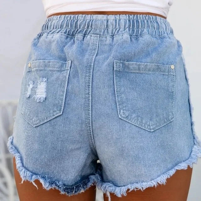 Casual Ripped Elastic Waist Denim Shorts