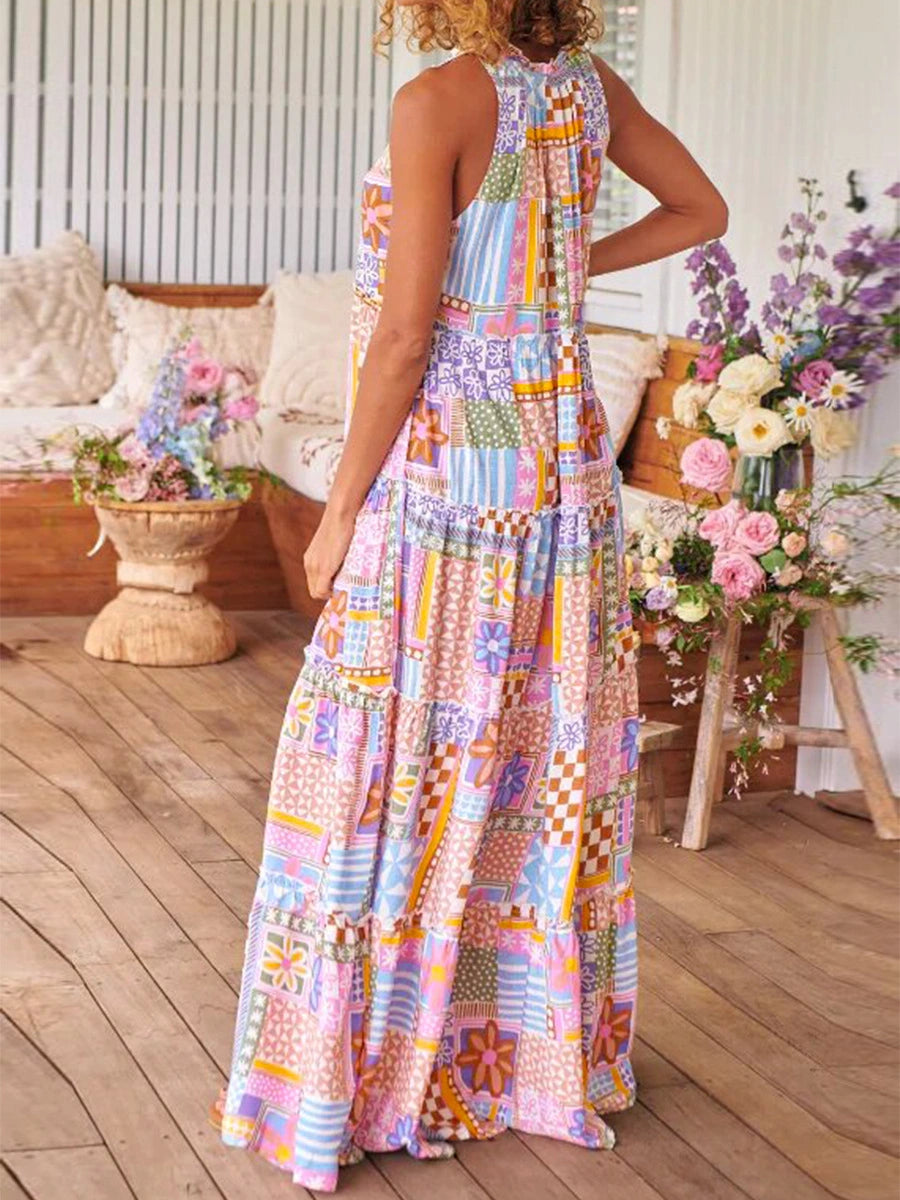 Floral Printed Short Sleeve Round Neck Long Dress