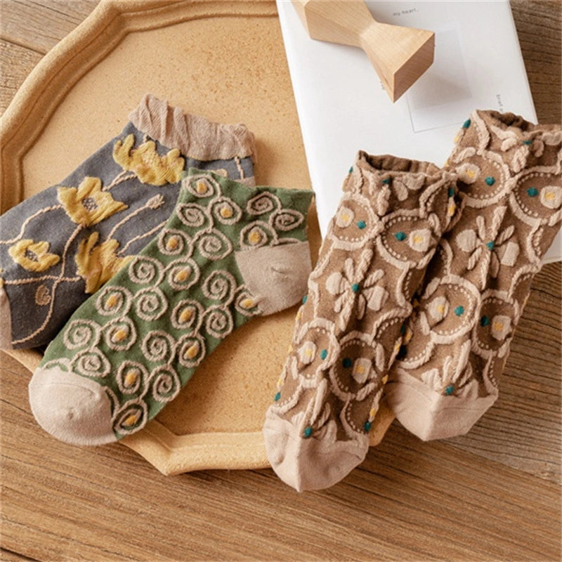 5 Pairs Vintage Embossed Women's Short Socks