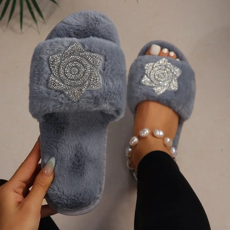Pearl Hot Drill Fur Slippers