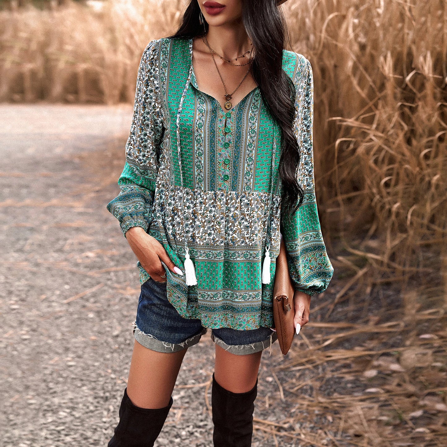Casual Printed V-neck Long Sleeved Top