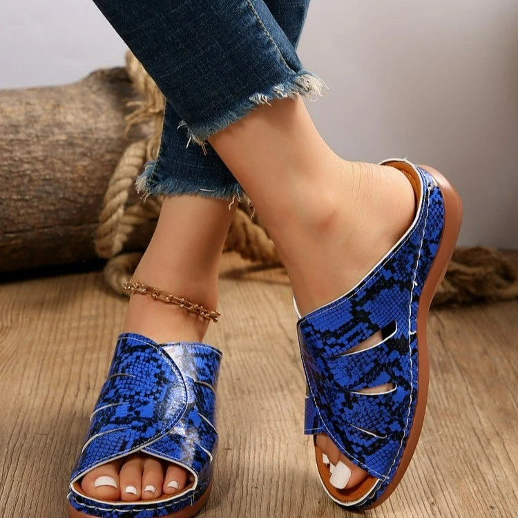 Hollow Snake Print Wedge Fish Mouth Slippers
