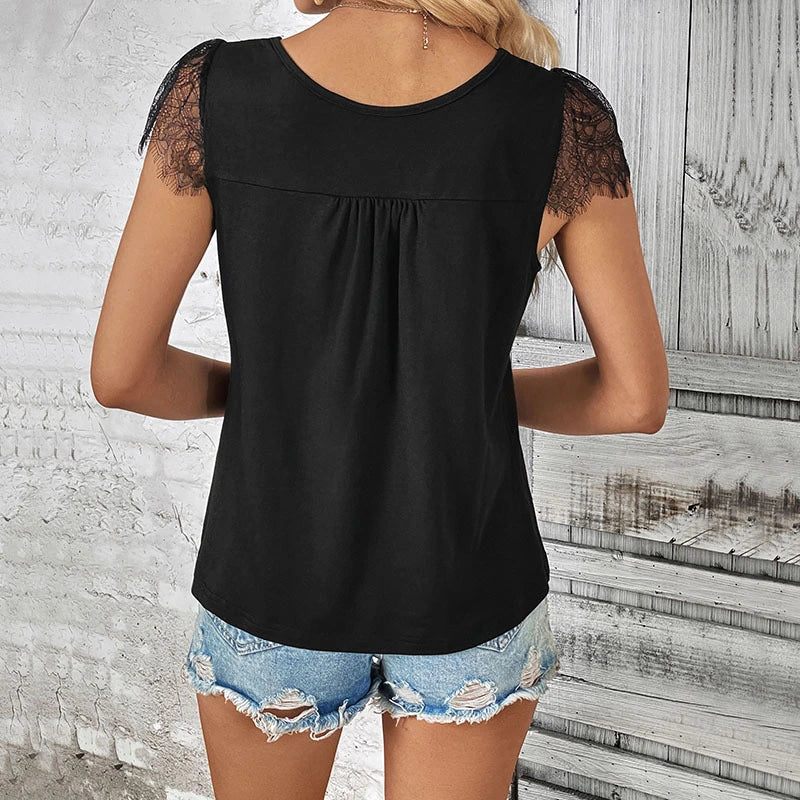 Lace Button Patchwork T-shirt