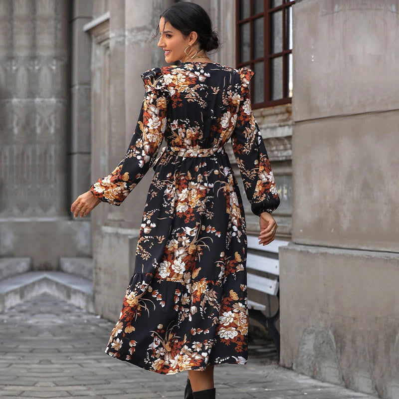 V Neck Long Sleeved Printed Floral Dress