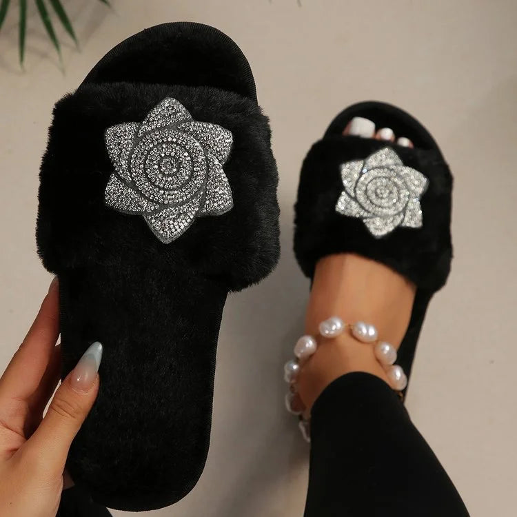 Pearl Hot Drill Fur Slippers