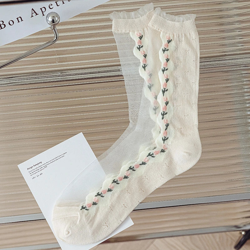 3 Pairs Tulip Pattern Women's Crystal Socks