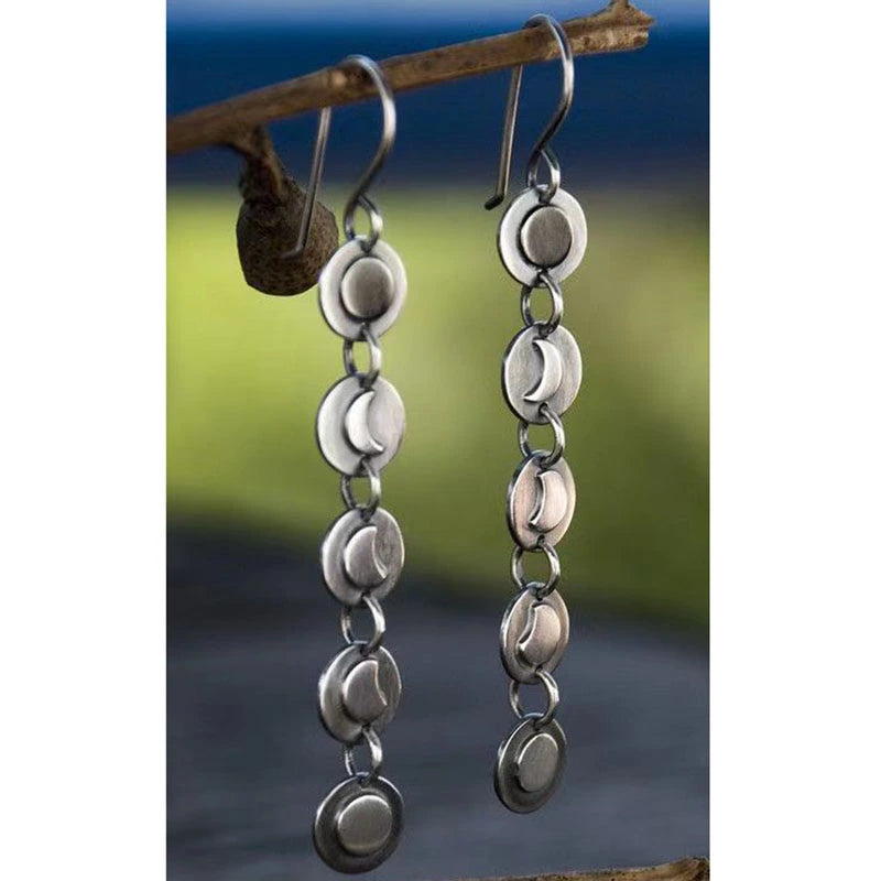 Long Moon Circle Metal Drop Earrings