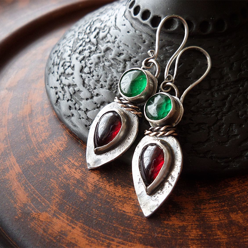 Trendy Red Green Stone Drop Earrings